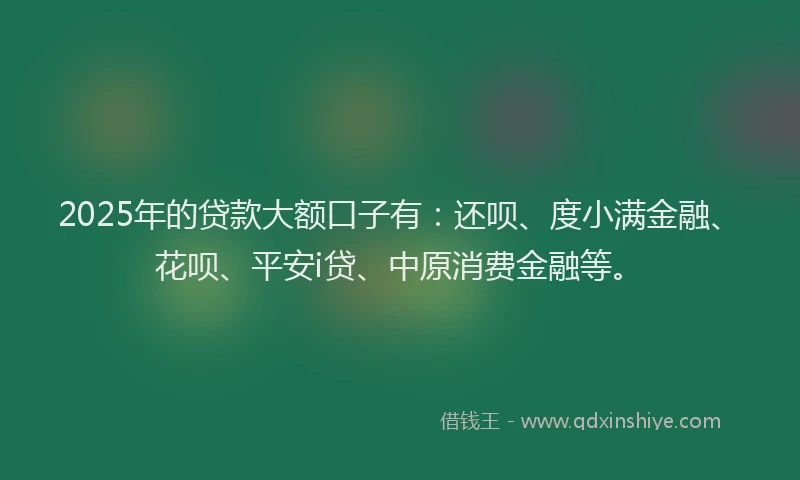 2025年的贷款大额口子有：还呗、度小满金融、花呗、平安i贷、中原消费金融等。