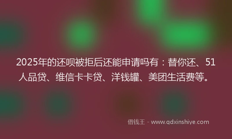 2025年的还呗被拒后还能申请吗有：替你还、51人品贷、维信卡卡贷、洋钱罐、美团生活费等。