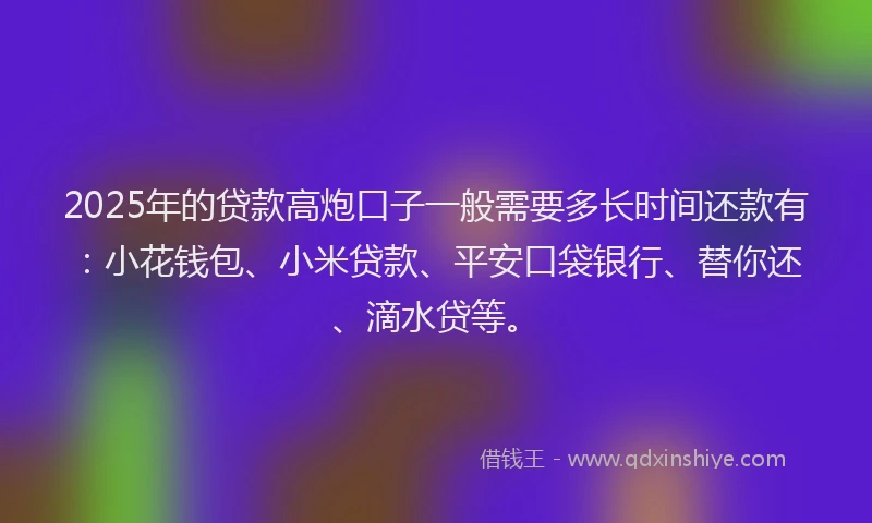 2025年的贷款高炮口子一般需要多长时间还款有：小花钱包、小米贷款、平安口袋银行、替你还、滴水贷等。