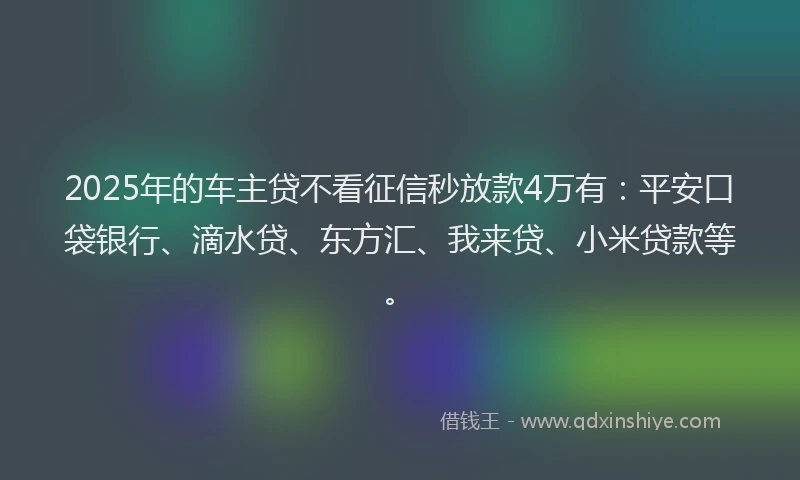 2025年的车主贷不看征信秒放款4万有：平安口袋银行、滴水贷、东方汇、我来贷、小米贷款等。