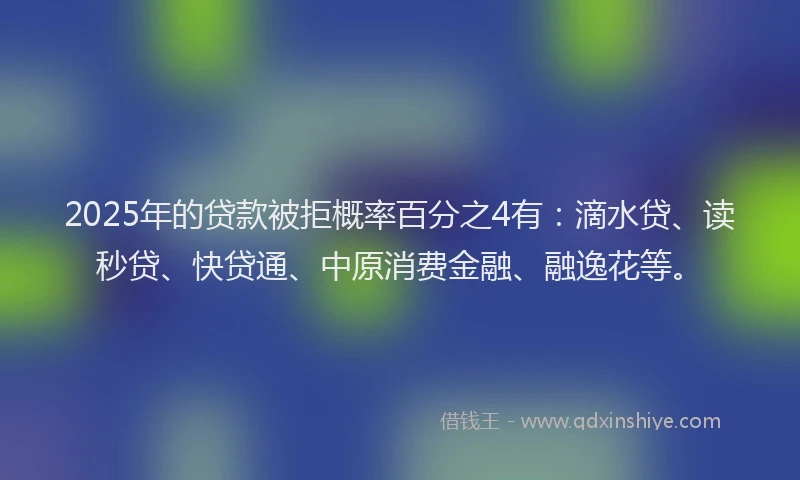 2025年的贷款被拒概率百分之4有：滴水贷、读秒贷、快贷通、中原消费金融、融逸花等。