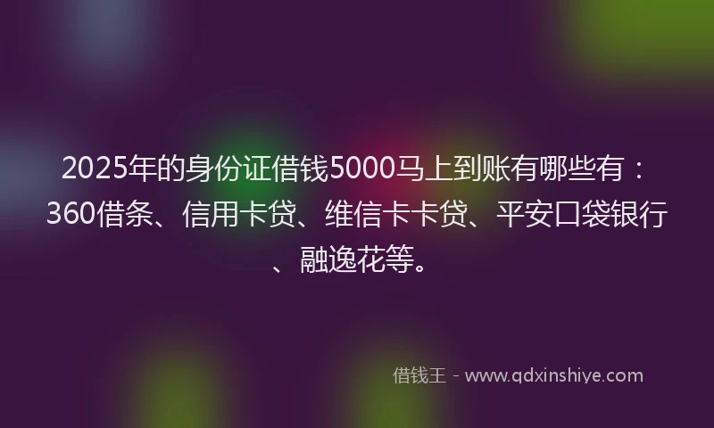 2025年的身份证借钱5000马上到账有哪些有：360借条、信用卡贷、维信卡卡贷、平安口袋银行、融逸花等。