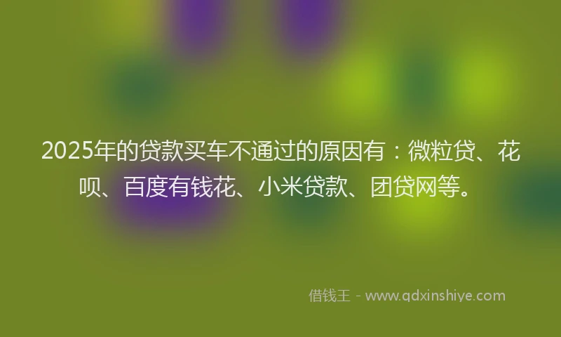 2025年的贷款买车不通过的原因有：微粒贷、花呗、百度有钱花、小米贷款、团贷网等。