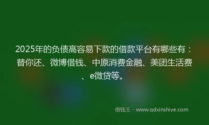 2025年的负债高容易下款的借款平台有哪些有：替你还、微博借钱、中原消费金融、美团生活费、e微贷等。