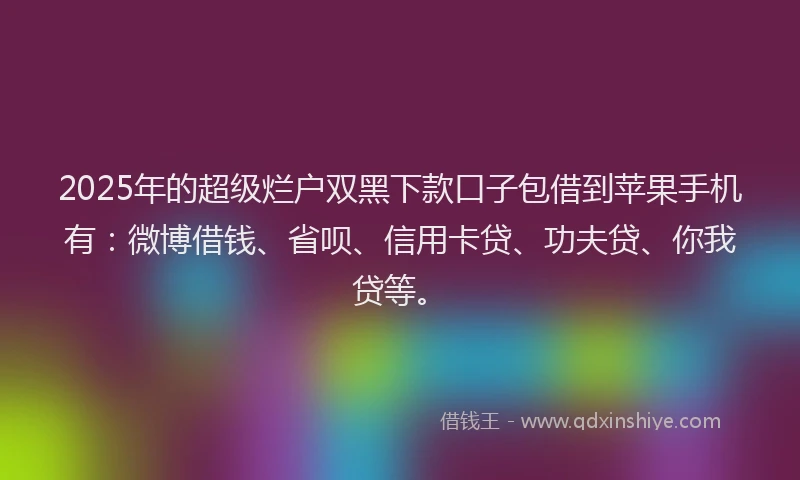 2025年的超级烂户双黑下款口子包借到苹果手机有：微博借钱、省呗、信用卡贷、功夫贷、你我贷等。