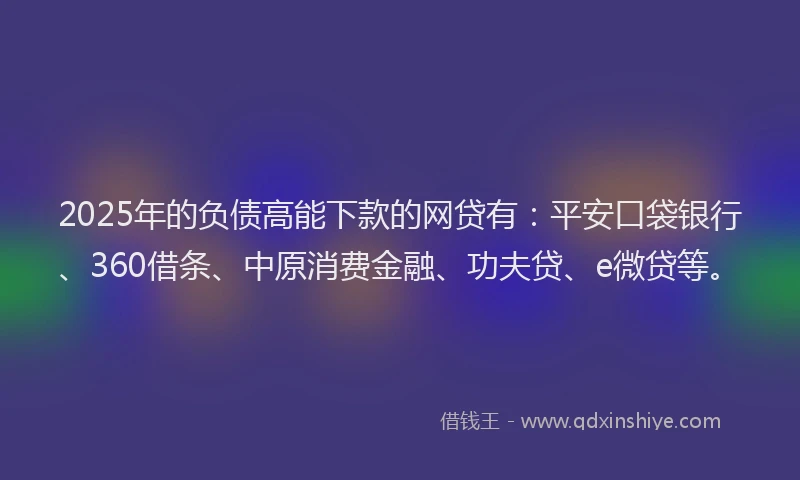 2025年的负债高能下款的网贷有：平安口袋银行、360借条、中原消费金融、功夫贷、e微贷等。
