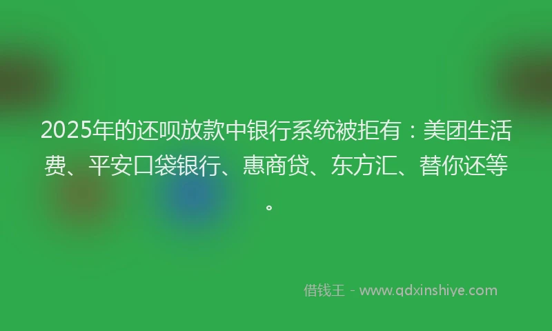2025年的还呗放款中银行系统被拒有：美团生活费、平安口袋银行、惠商贷、东方汇、替你还等。