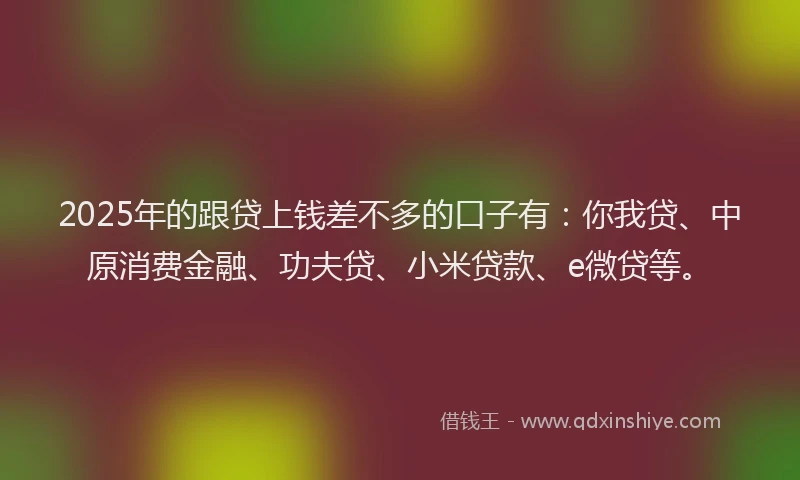 2025年的跟贷上钱差不多的口子有：你我贷、中原消费金融、功夫贷、小米贷款、e微贷等。