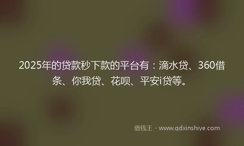 2025年的贷款秒下款的平台有：滴水贷、360借条、你我贷、花呗、平安i贷等。