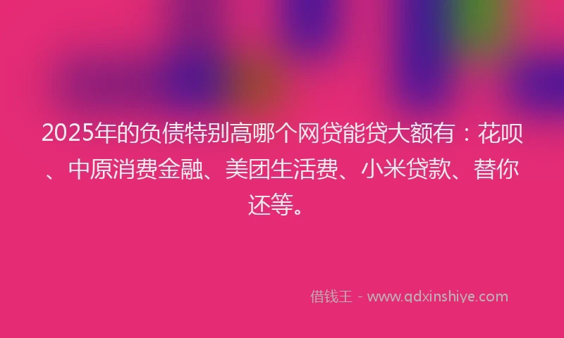 2025年的负债特别高哪个网贷能贷大额有：花呗、中原消费金融、美团生活费、小米贷款、替你还等。