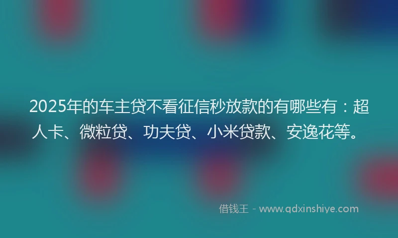 2025年的车主贷不看征信秒放款的有哪些有：超人卡、微粒贷、功夫贷、小米贷款、安逸花等。
