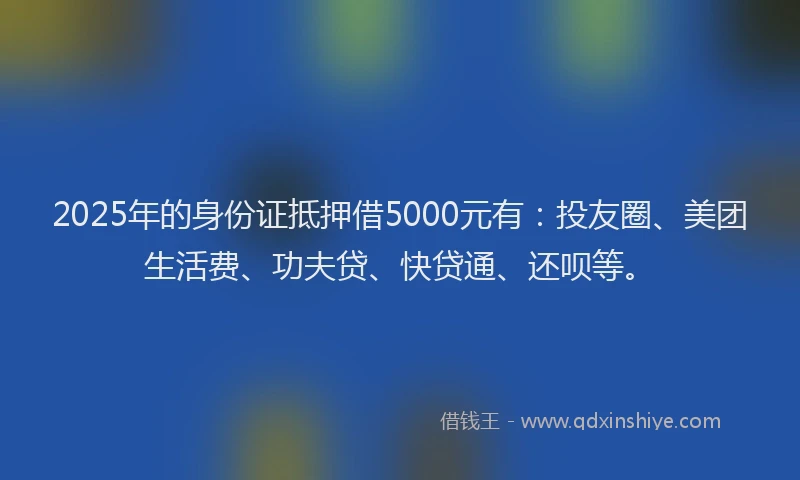 2025年的身份证抵押借5000元有：投友圈、美团生活费、功夫贷、快贷通、还呗等。