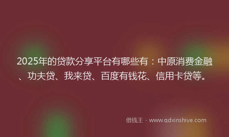 2025年的贷款分享平台有哪些有：中原消费金融、功夫贷、我来贷、百度有钱花、信用卡贷等。