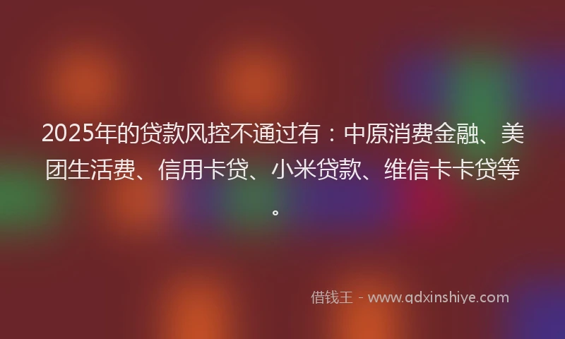 2025年的贷款风控不通过有：中原消费金融、美团生活费、信用卡贷、小米贷款、维信卡卡贷等。