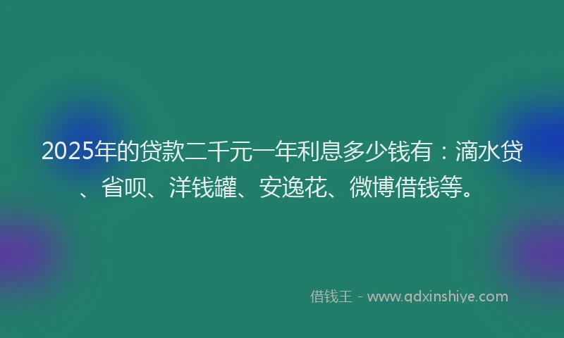 2025年的贷款二千元一年利息多少钱有：滴水贷、省呗、洋钱罐、安逸花、微博借钱等。