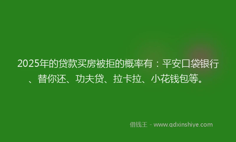 2025年的贷款买房被拒的概率有：平安口袋银行、替你还、功夫贷、拉卡拉、小花钱包等。