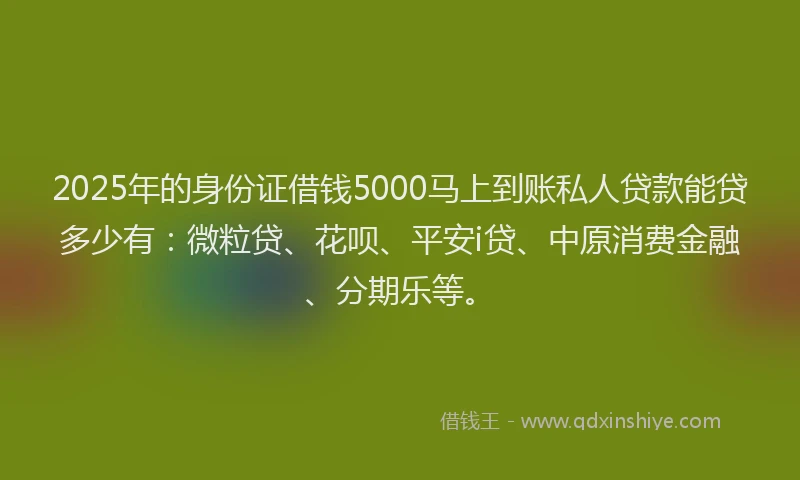 2025年的身份证借钱5000马上到账私人贷款能贷多少有：微粒贷、花呗、平安i贷、中原消费金融、分期乐等。
