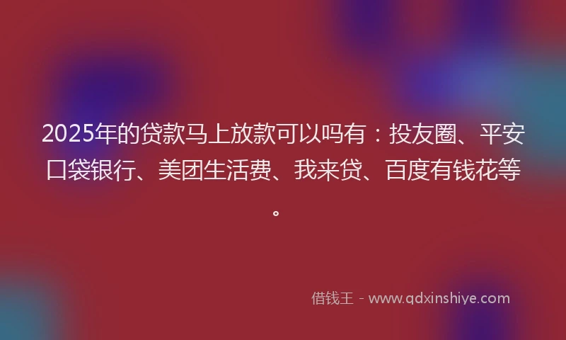 2025年的贷款马上放款可以吗有：投友圈、平安口袋银行、美团生活费、我来贷、百度有钱花等。