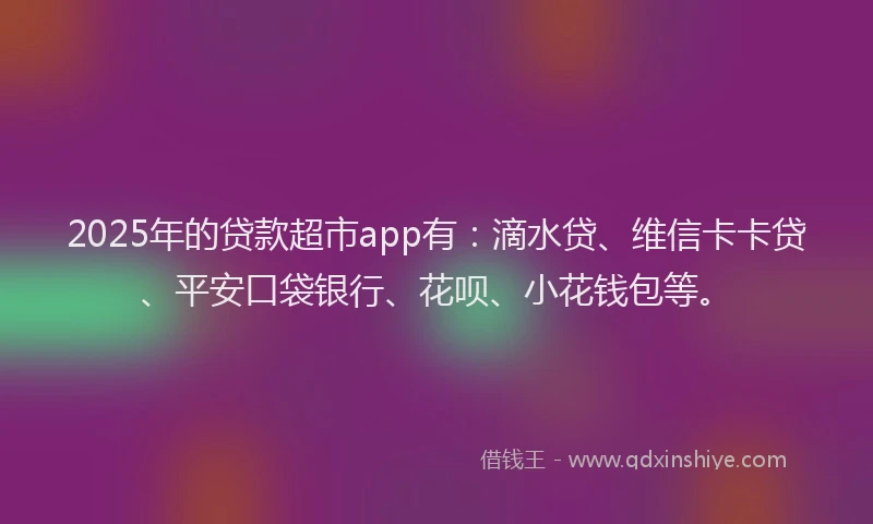 2025年的贷款超市app有：滴水贷、维信卡卡贷、平安口袋银行、花呗、小花钱包等。