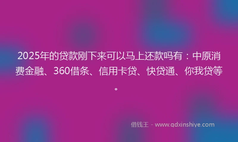 2025年的贷款刚下来可以马上还款吗有：中原消费金融、360借条、信用卡贷、快贷通、你我贷等。