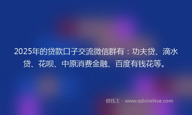 2025年的贷款口子交流微信群有：功夫贷、滴水贷、花呗、中原消费金融、百度有钱花等。