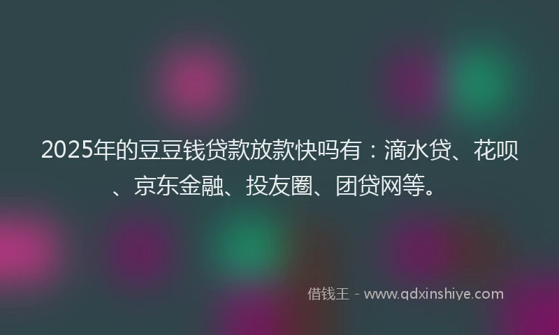 2025年的豆豆钱贷款放款快吗有：滴水贷、花呗、京东金融、投友圈、团贷网等。