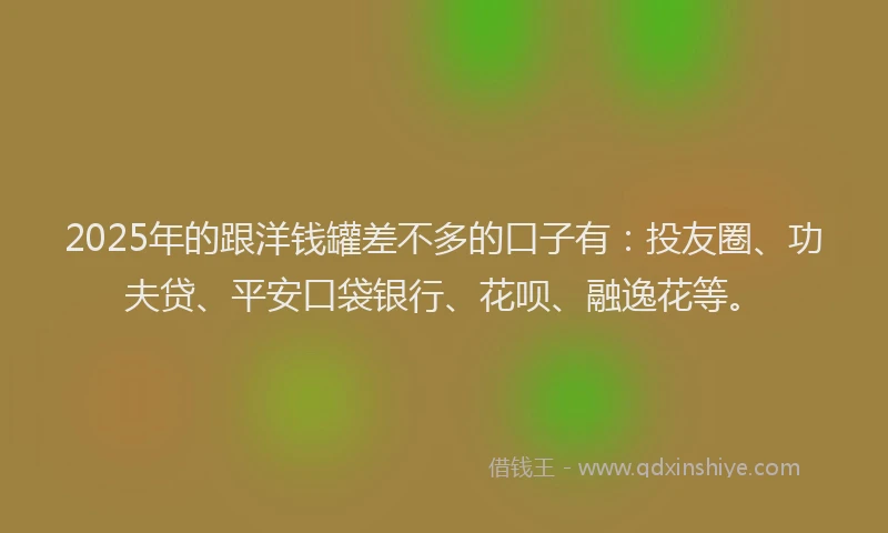 2025年的跟洋钱罐差不多的口子有：投友圈、功夫贷、平安口袋银行、花呗、融逸花等。