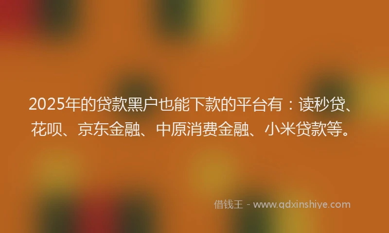 2025年的贷款黑户也能下款的平台有：读秒贷、花呗、京东金融、中原消费金融、小米贷款等。
