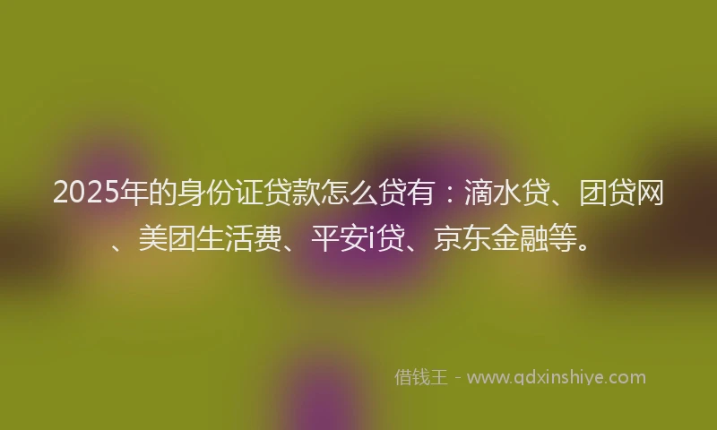 2025年的身份证贷款怎么贷有：滴水贷、团贷网、美团生活费、平安i贷、京东金融等。