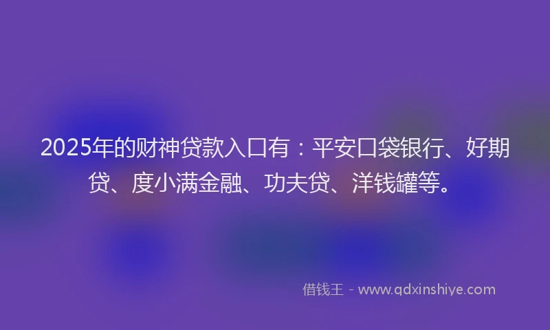 2025年的财神贷款入口有：平安口袋银行、好期贷、度小满金融、功夫贷、洋钱罐等。