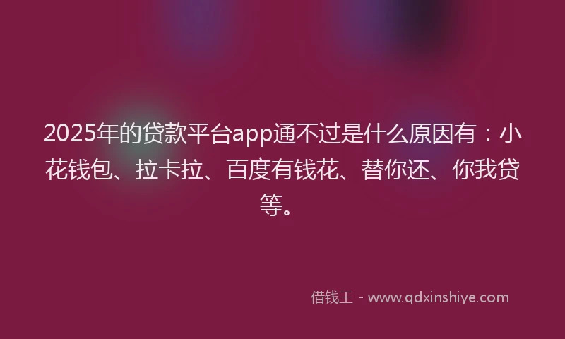2025年的贷款平台app通不过是什么原因有：小花钱包、拉卡拉、百度有钱花、替你还、你我贷等。