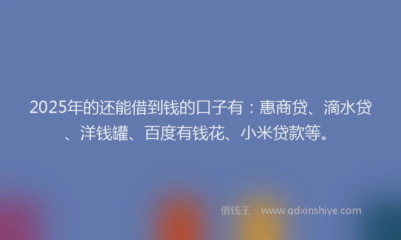 2025年的还能借到钱的口子有：惠商贷、滴水贷、洋钱罐、百度有钱花、小米贷款等。