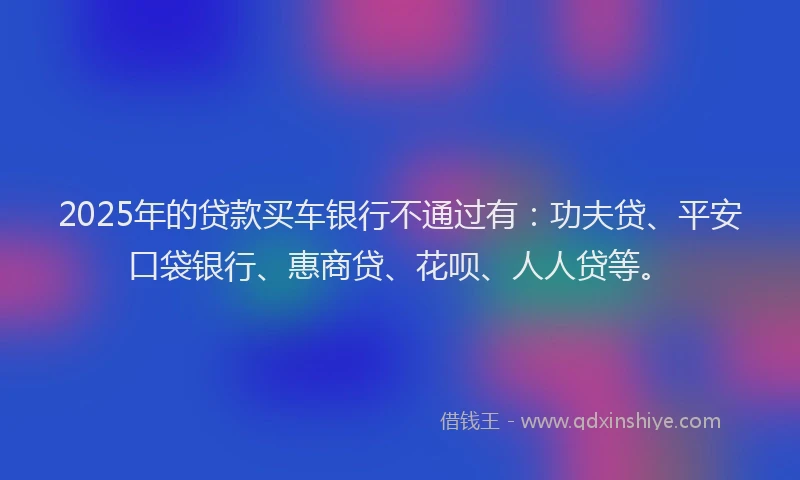 2025年的贷款买车银行不通过有：功夫贷、平安口袋银行、惠商贷、花呗、人人贷等。