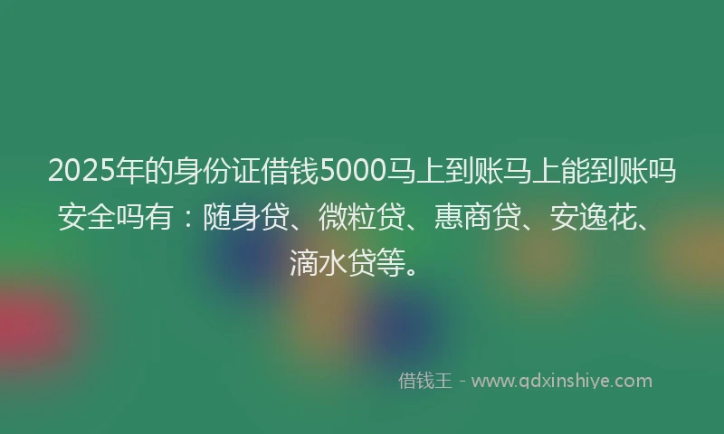 2025年的身份证借钱5000马上到账马上能到账吗安全吗有：随身贷、微粒贷、惠商贷、安逸花、滴水贷等。