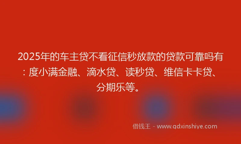 2025年的车主贷不看征信秒放款的贷款可靠吗有：度小满金融、滴水贷、读秒贷、维信卡卡贷、分期乐等。