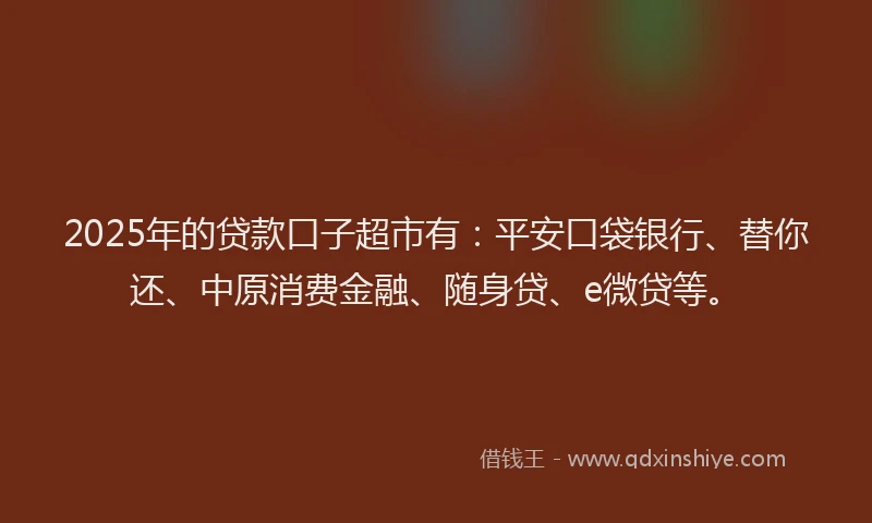 2025年的贷款口子超市有：平安口袋银行、替你还、中原消费金融、随身贷、e微贷等。