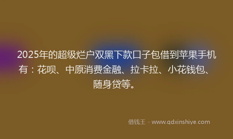 2025年的超级烂户双黑下款口子包借到苹果手机有：花呗、中原消费金融、拉卡拉、小花钱包、随身贷等。