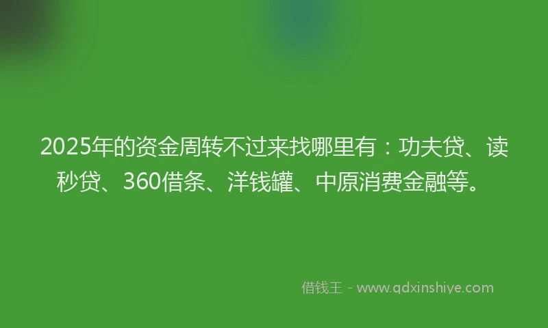 2025年的资金周转不过来找哪里有：功夫贷、读秒贷、360借条、洋钱罐、中原消费金融等。