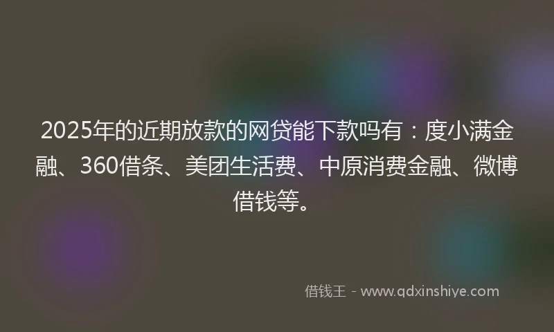 2025年的近期放款的网贷能下款吗有：度小满金融、360借条、美团生活费、中原消费金融、微博借钱等。