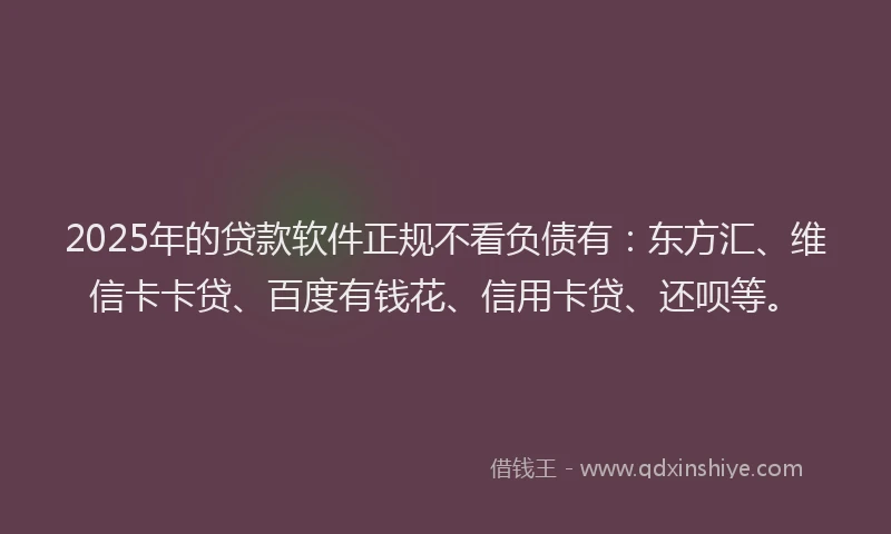 2025年的贷款软件正规不看负债有：东方汇、维信卡卡贷、百度有钱花、信用卡贷、还呗等。