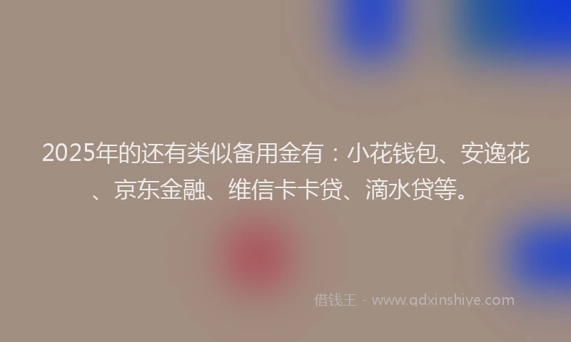2025年的还有类似备用金有：小花钱包、安逸花、京东金融、维信卡卡贷、滴水贷等。