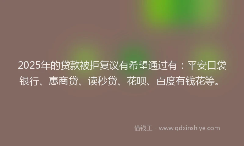 2025年的贷款被拒复议有希望通过有：平安口袋银行、惠商贷、读秒贷、花呗、百度有钱花等。