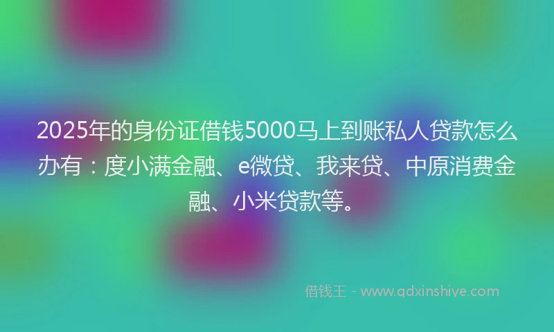 2025年的身份证借钱5000马上到账私人贷款怎么办有：度小满金融、e微贷、我来贷、中原消费金融、小米贷款等。