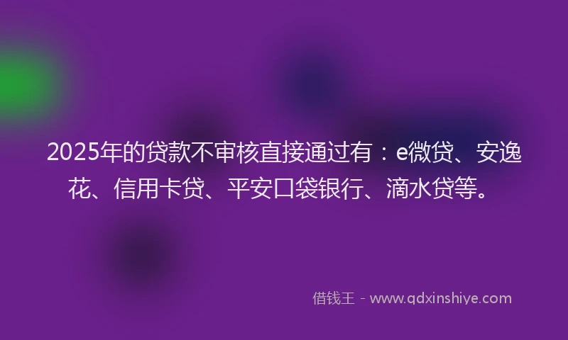 2025年的贷款不审核直接通过有：e微贷、安逸花、信用卡贷、平安口袋银行、滴水贷等。
