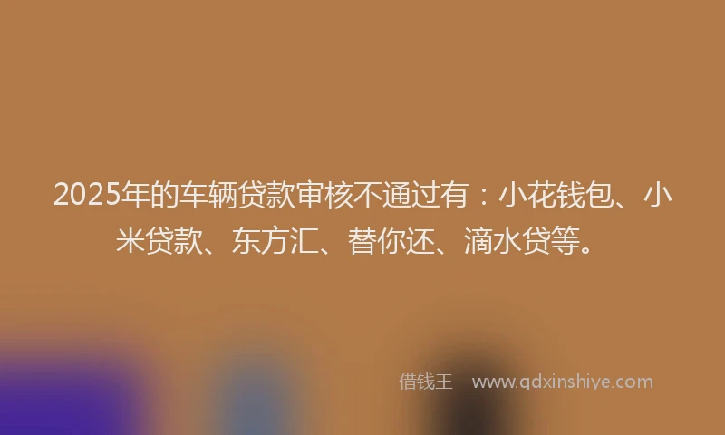 2025年的车辆贷款审核不通过有：小花钱包、小米贷款、东方汇、替你还、滴水贷等。