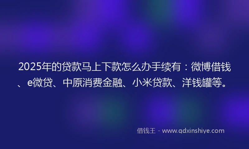 2025年的贷款马上下款怎么办手续有：微博借钱、e微贷、中原消费金融、小米贷款、洋钱罐等。
