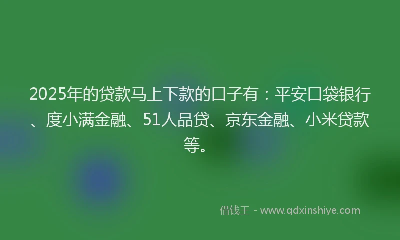 2025年的贷款马上下款的口子有：平安口袋银行、度小满金融、51人品贷、京东金融、小米贷款等。