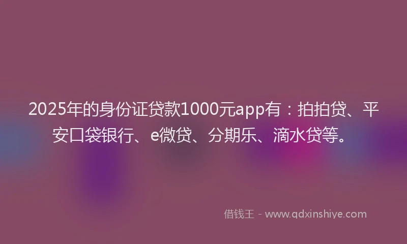 2025年的身份证贷款1000元app有：拍拍贷、平安口袋银行、e微贷、分期乐、滴水贷等。