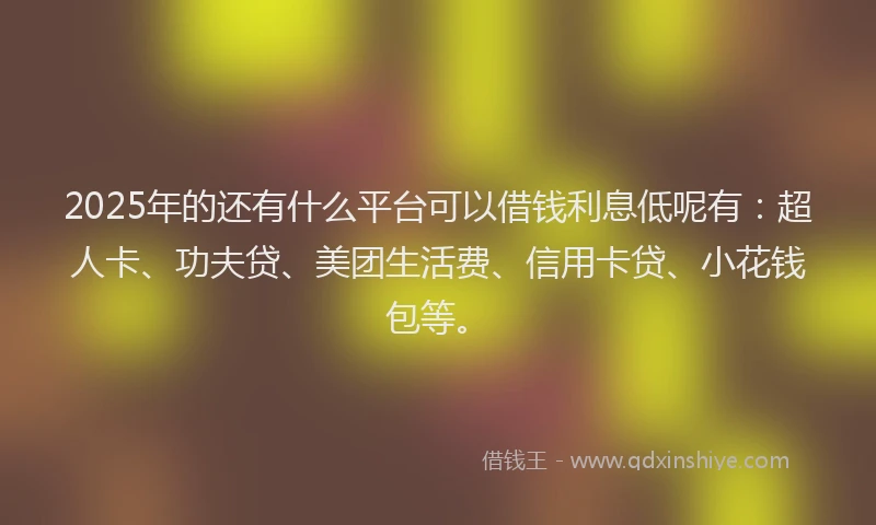 2025年的还有什么平台可以借钱利息低呢有：超人卡、功夫贷、美团生活费、信用卡贷、小花钱包等。