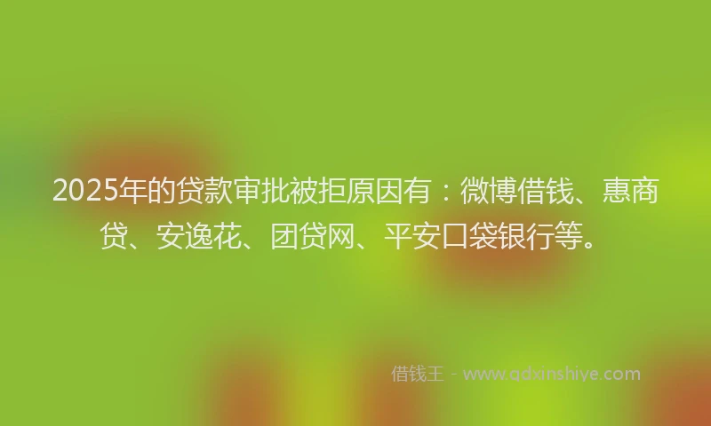 2025年的贷款审批被拒原因有：微博借钱、惠商贷、安逸花、团贷网、平安口袋银行等。